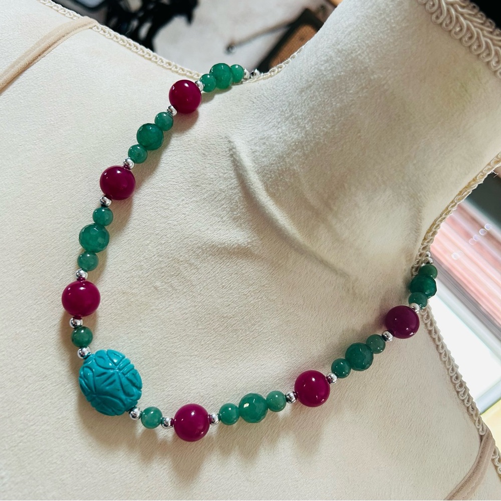 Handcrafted genuine stone silver chain necklace